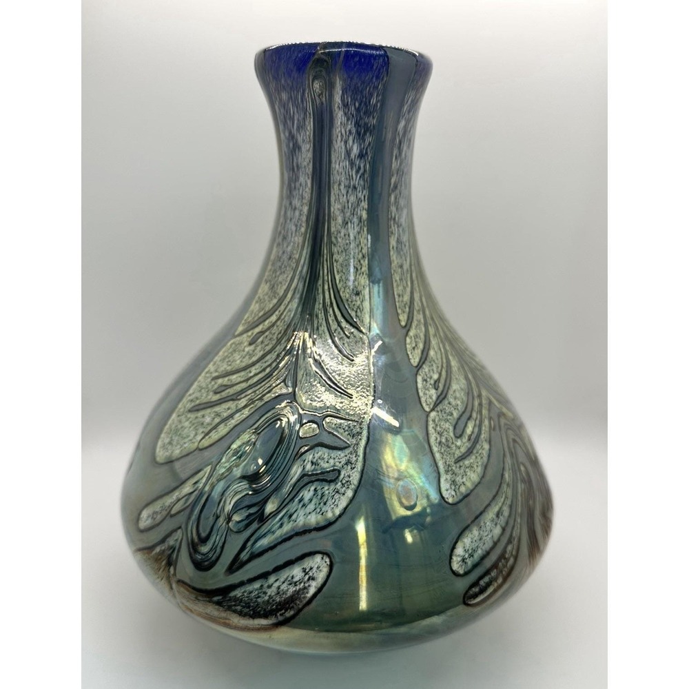Jon Morris Dollywood Signed Art Glass Vase Heavy Iridescent Swirl 10"